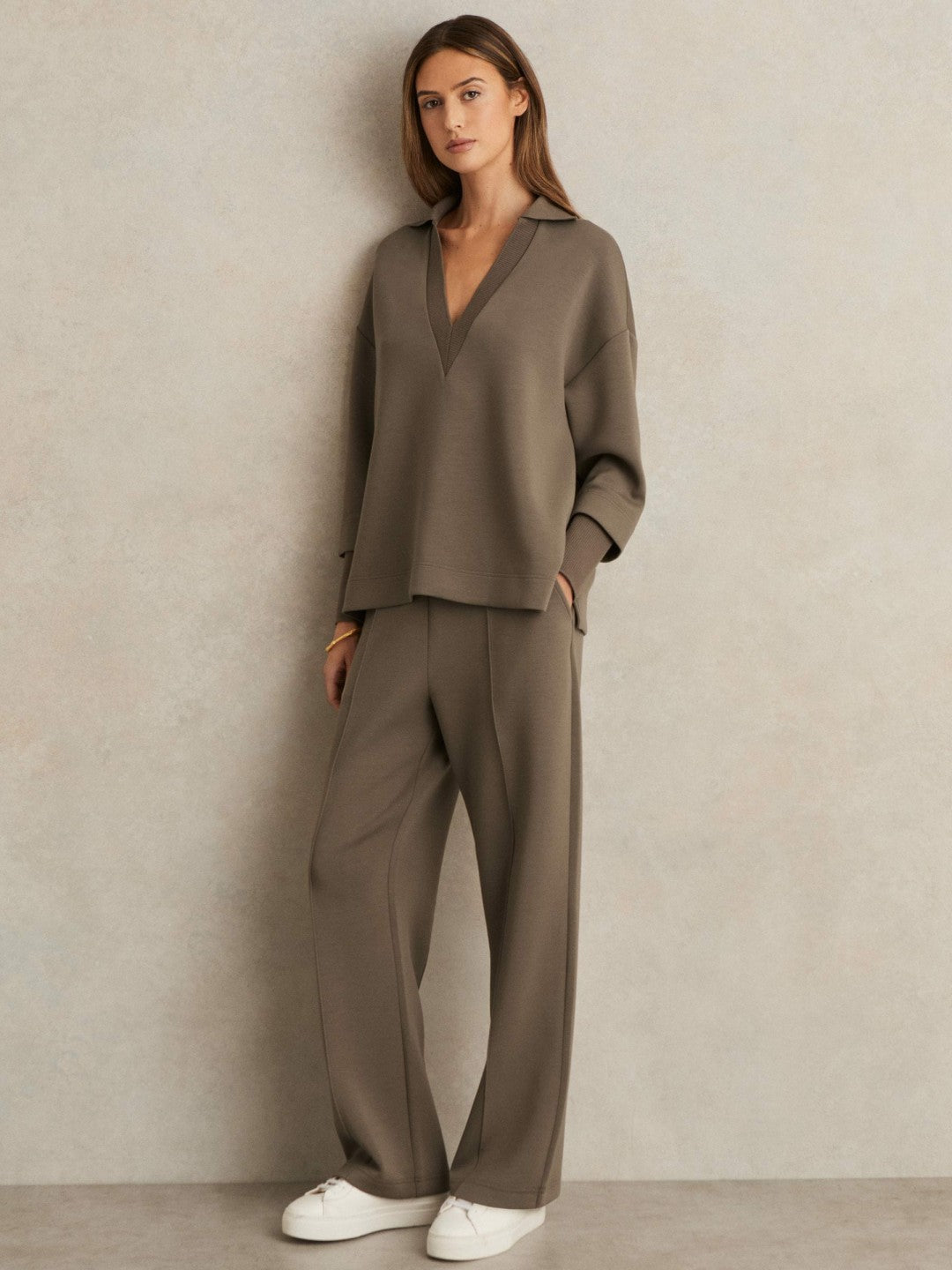 Reiss | Modal-Blend Interlock Wide-Leg Joggers in Khaki Green