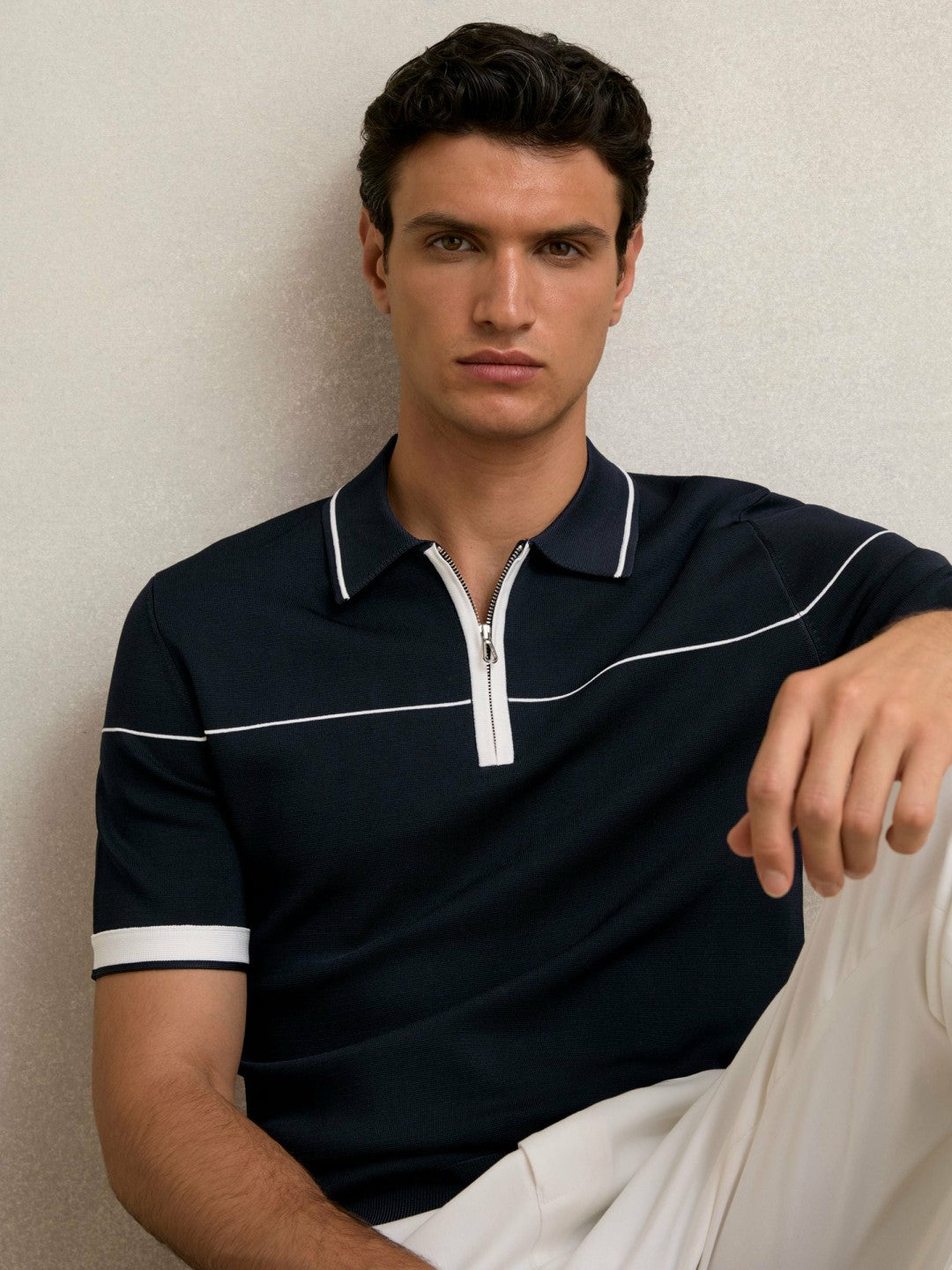 Reiss | Half Zip Tipped Polo Shirt in Navy/White
