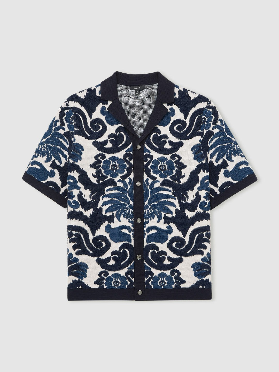 Reiss | Paisley Jacquard Knit Shirt in Navy Blue/White