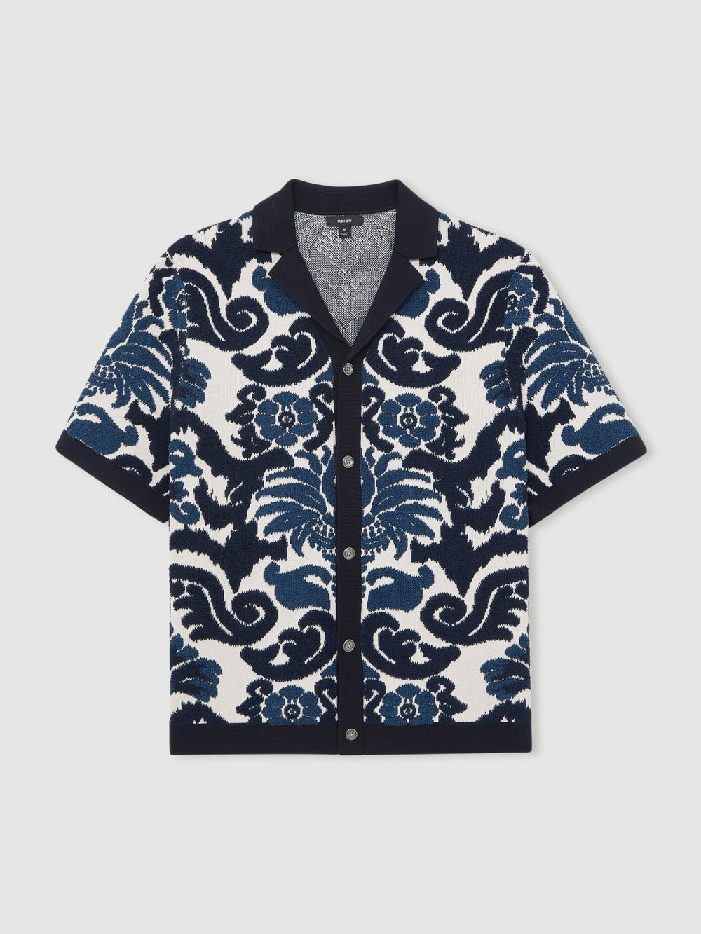 Reiss | Paisley Jacquard Knit Shirt in Navy Blue/White
