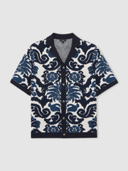 Reiss | Paisley Jacquard Knit Shirt in Navy Blue/White