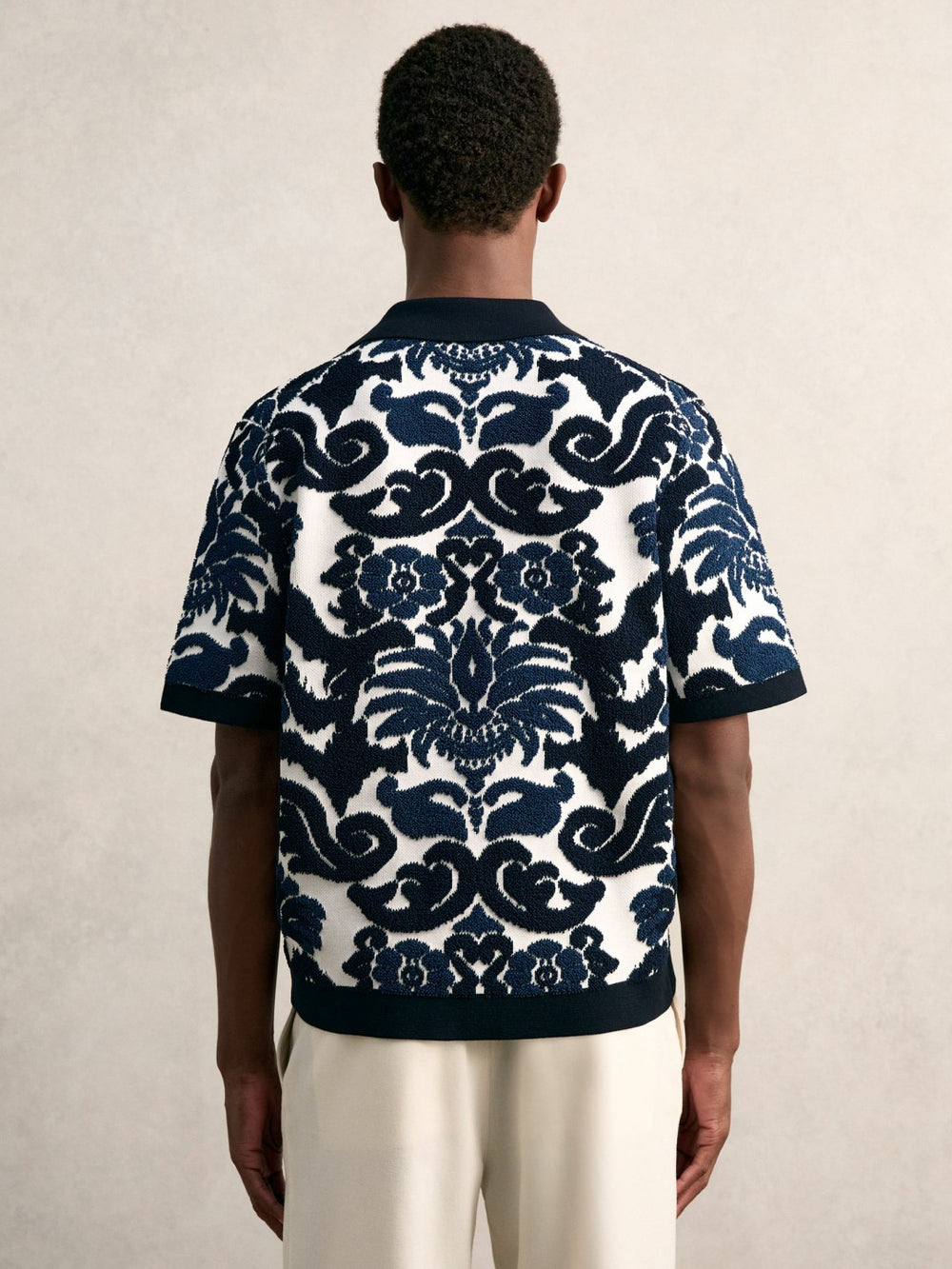 Reiss | Paisley Jacquard Knit Shirt in Navy Blue/White