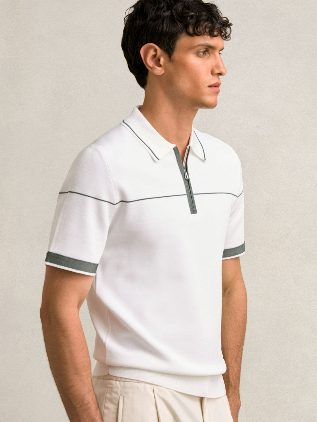 Reiss | Half Zip Tipped Polo Shirt in White/Green