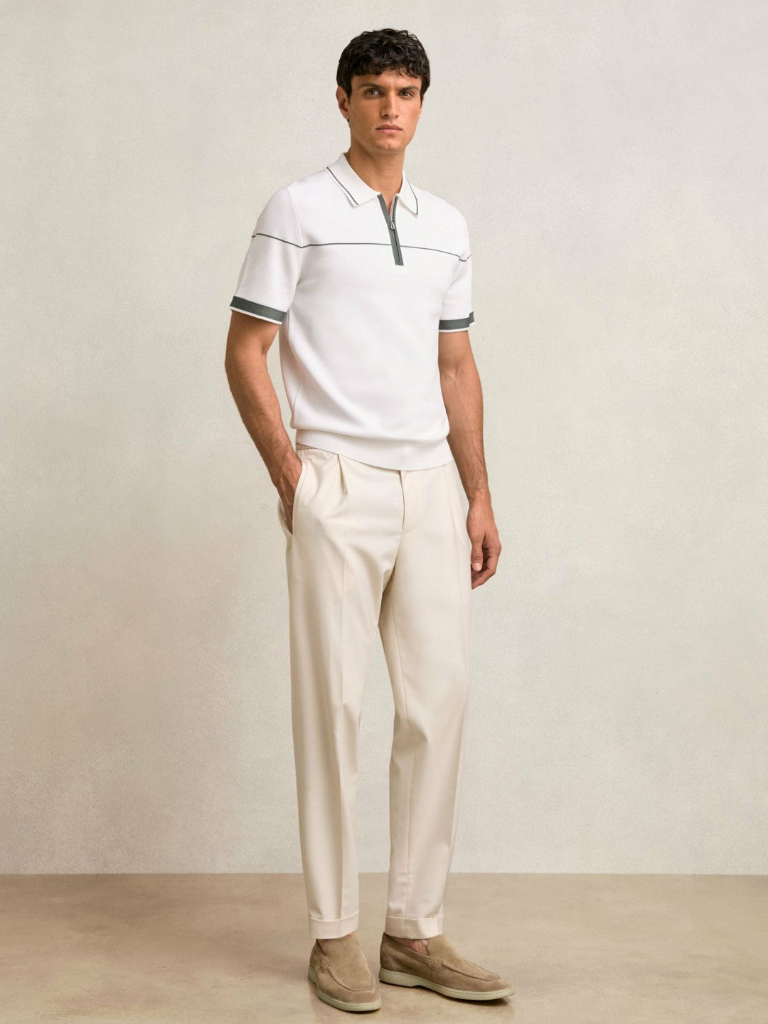 Reiss | Half Zip Tipped Polo Shirt in White/Green
