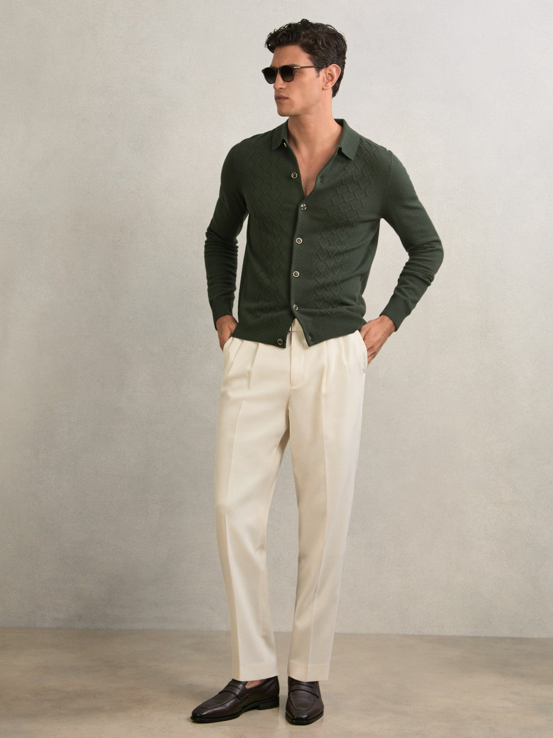 Reiss | Wool V-Stitch Button-Through Cardigan in Forest Green