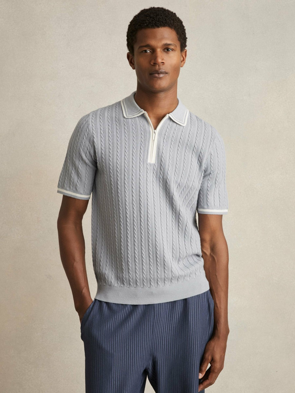 Reiss | Micro-Cable Half-Zip Polo Shirt in Soft Blue