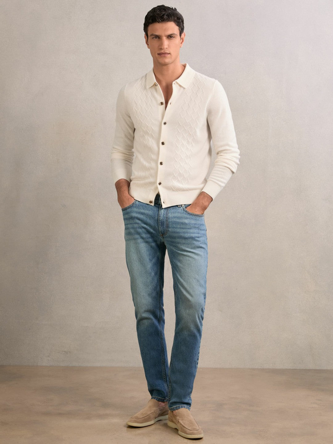 Reiss | Wool V-Stitch Button-Through Cardigan in Off White
