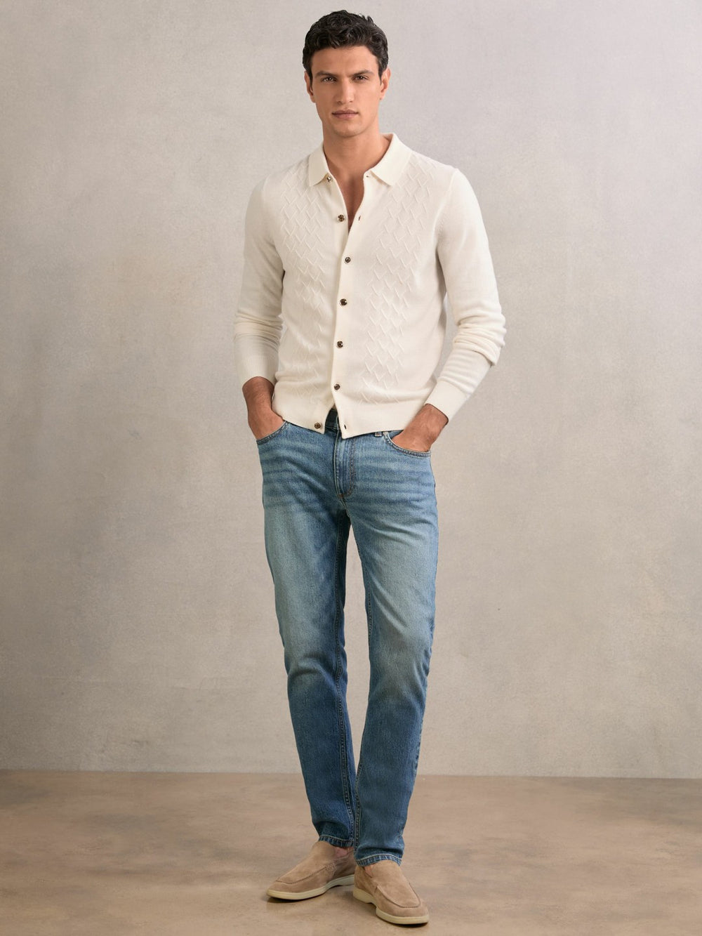 Reiss | Wool V-Stitch Button-Through Cardigan in Off White