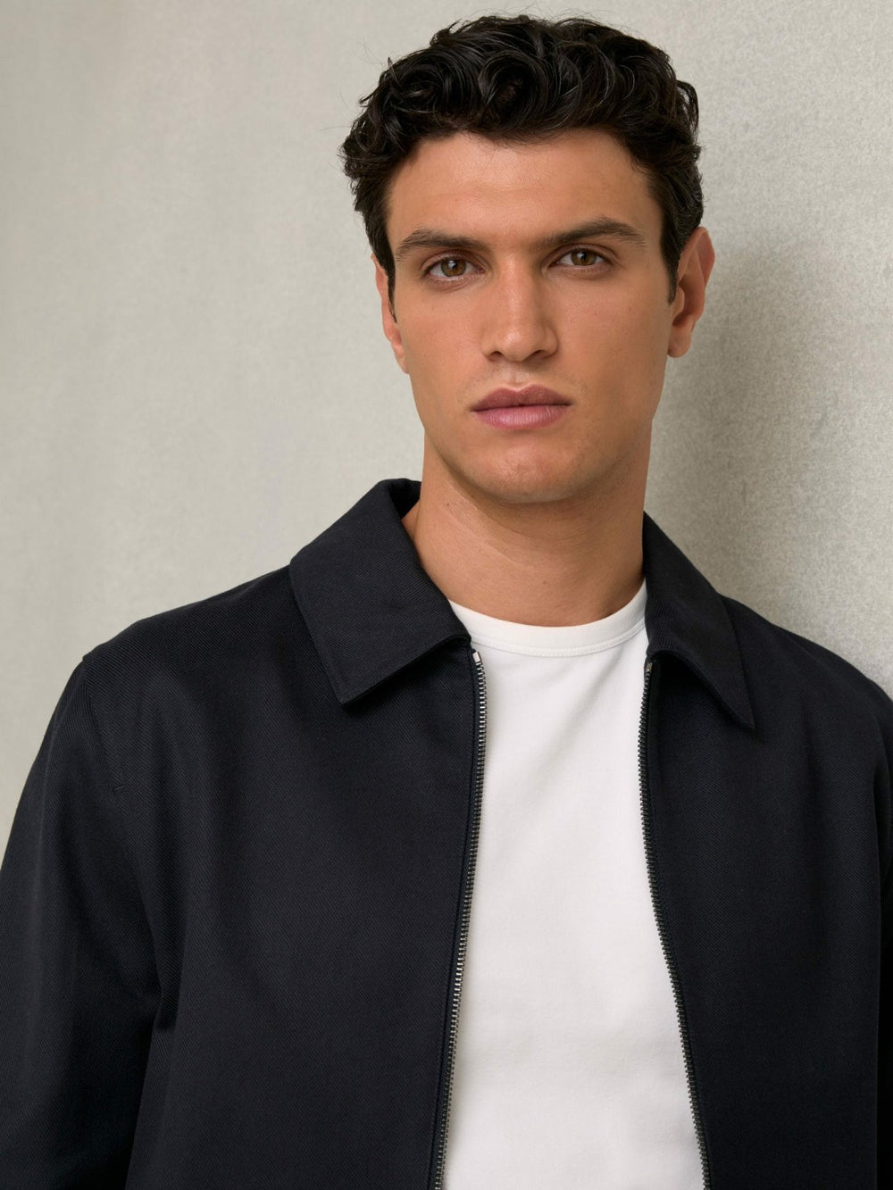 Reiss | Lyocell-Cotton Zip-Through Twill Jacket in Navy