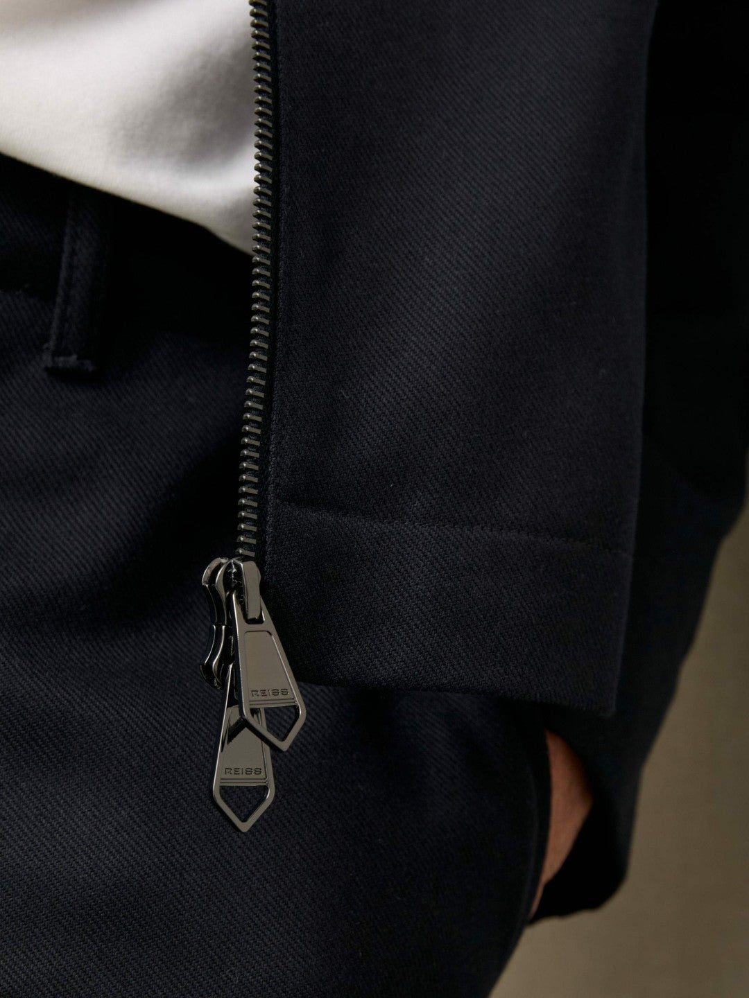 Reiss | Lyocell-Cotton Zip-Through Twill Jacket in Navy