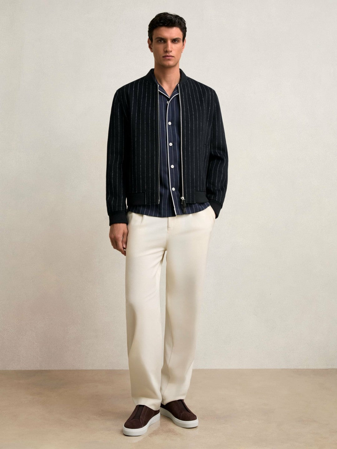 Reiss | Wool-Blend Chalk-Stripe Bomber Jacket in Navy
