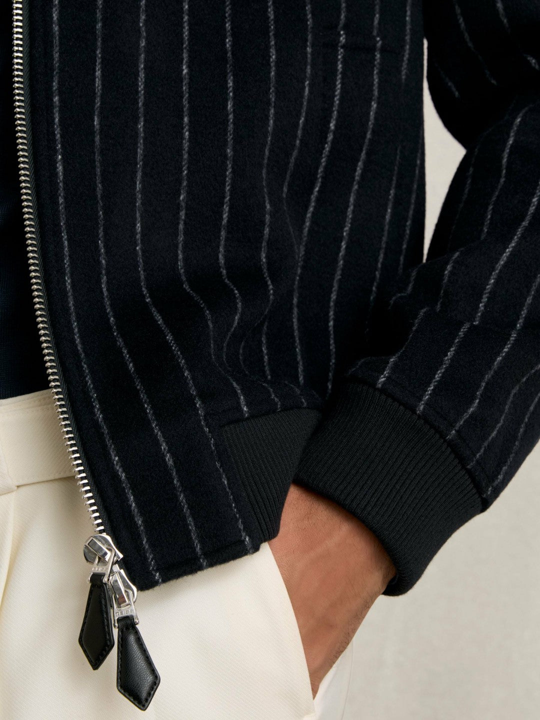 Reiss | Wool-Blend Chalk-Stripe Bomber Jacket in Navy