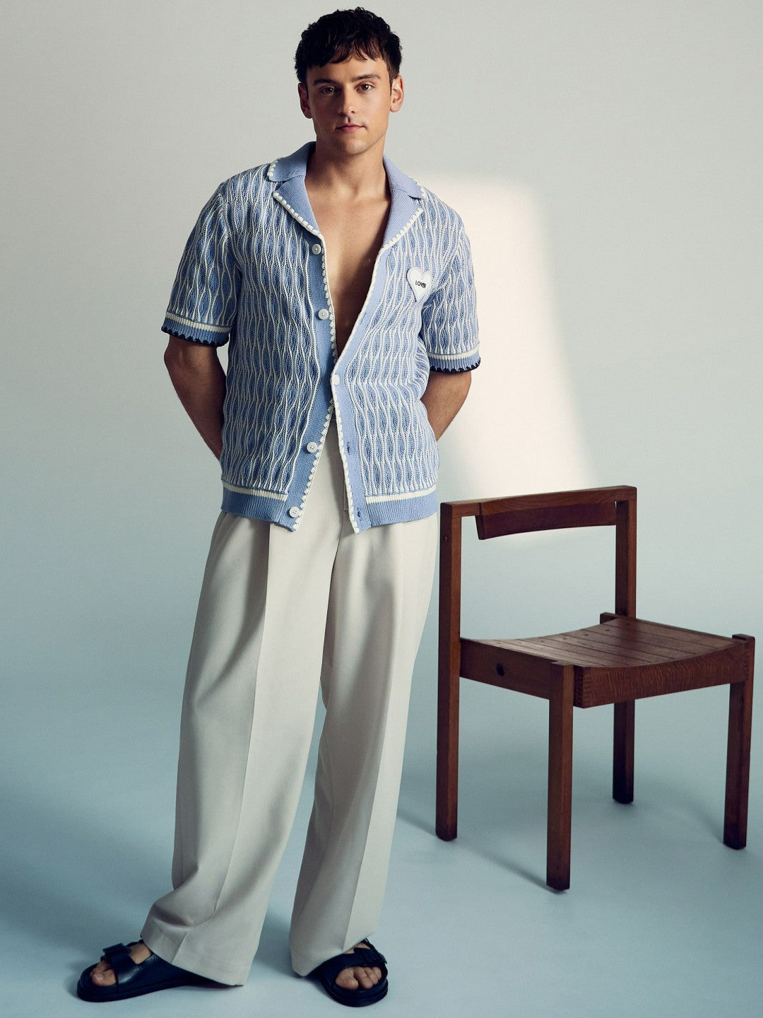 Reiss | Tom Daley Wave-Knit Shirt in Soft Blue/White
