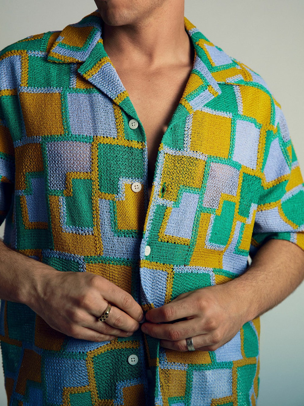 Reiss | | Tom Daley Tile Crochet Shirt in Yellow/Green/Blue Multi