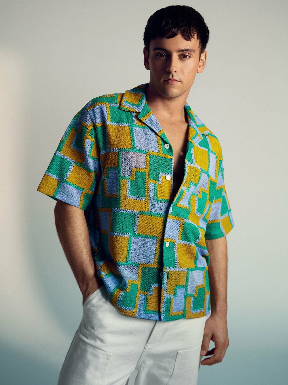 Reiss | | Tom Daley Tile Crochet Shirt in Yellow/Green/Blue Multi