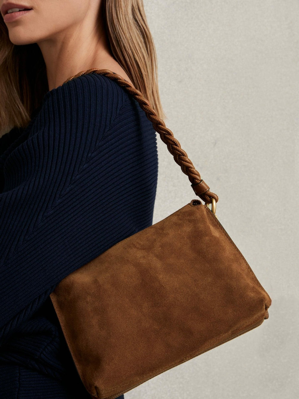 Reiss | Suede Plaited-Strap Cross-Body Bag in Tan