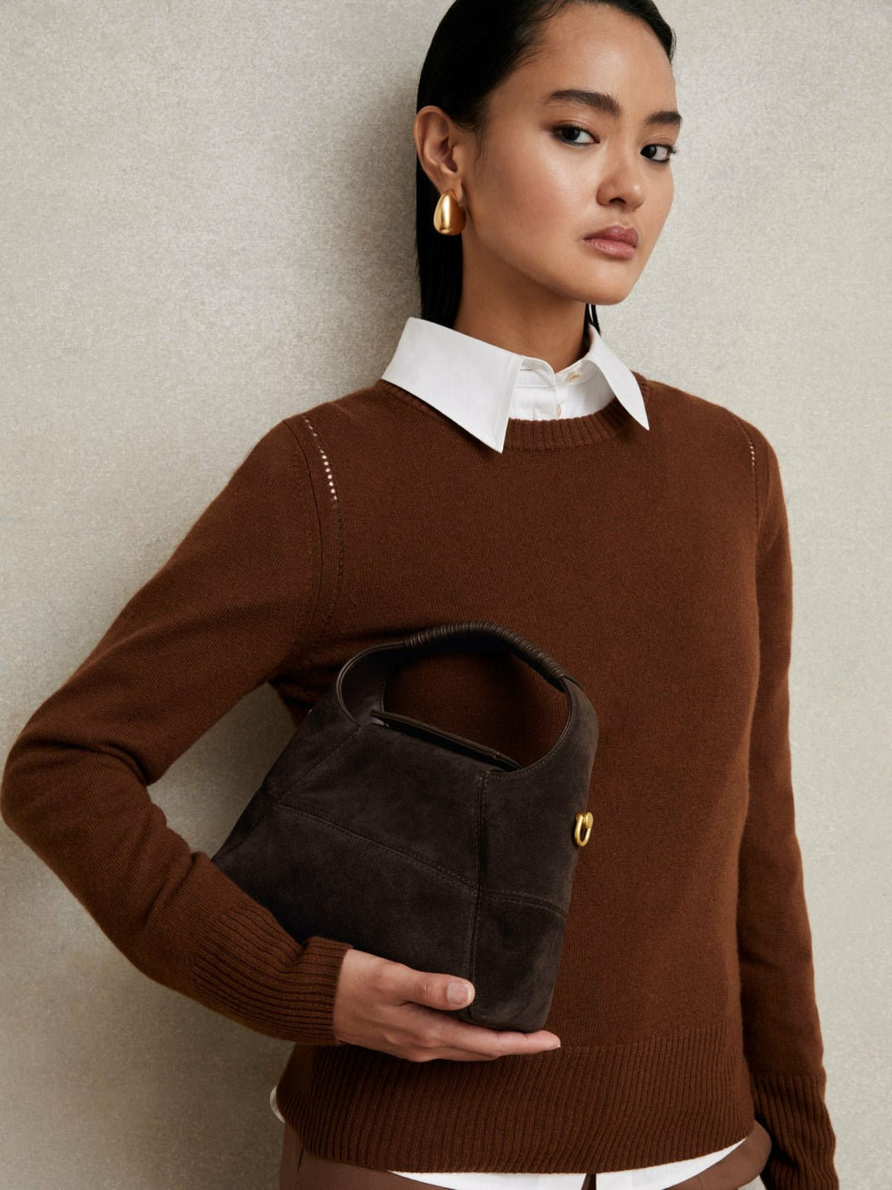 Reiss | Suede Shoulder Bag in Chocolate
