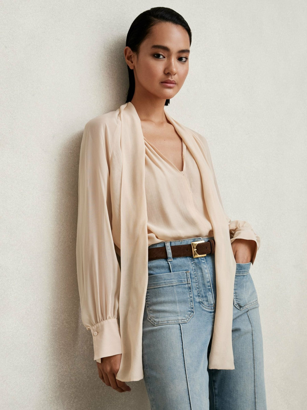 Reiss | Silk Blend Chiffon Tie-Neck Blouse in Pale Pink
