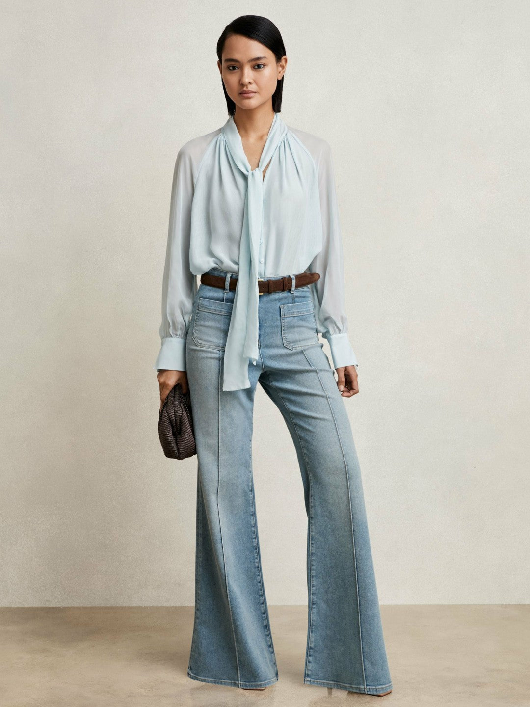 Reiss | Silk Blend Chiffon Tie-Neck Blouse in Pale Blue