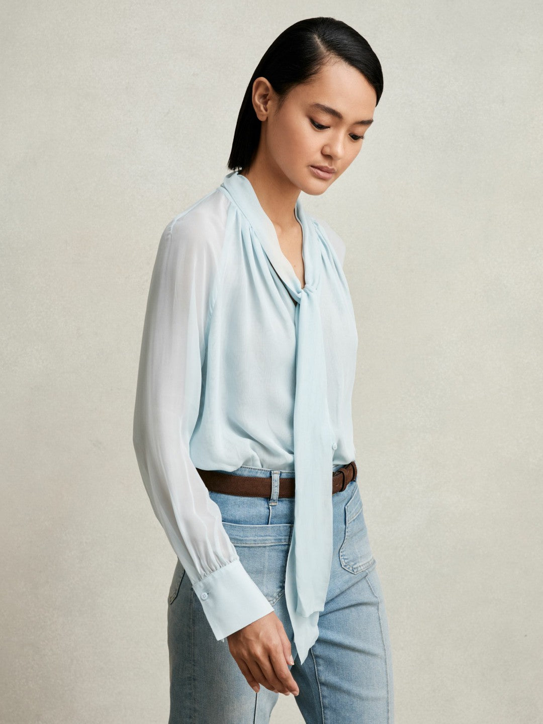 Reiss | Silk Blend Chiffon Tie-Neck Blouse in Pale Blue
