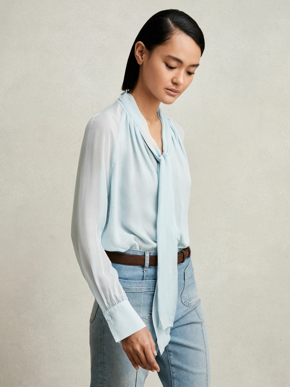 Reiss | Silk Blend Chiffon Tie-Neck Blouse in Pale Blue