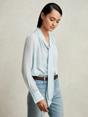 Reiss | Silk Blend Chiffon Tie-Neck Blouse in Pale Blue