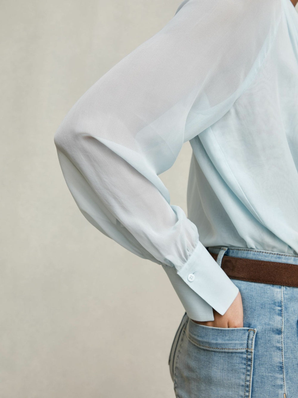 Reiss | Silk Blend Chiffon Tie-Neck Blouse in Pale Blue