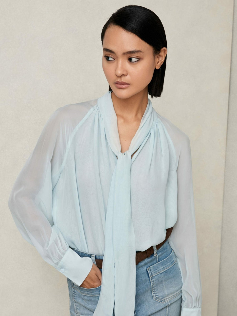 Reiss | Silk Blend Chiffon Tie-Neck Blouse in Pale Blue