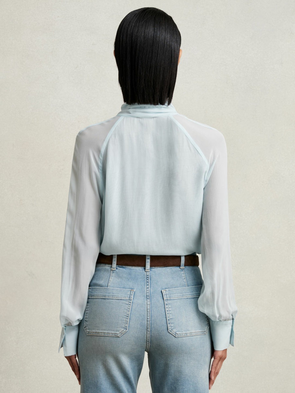 Reiss | Silk Blend Chiffon Tie-Neck Blouse in Pale Blue