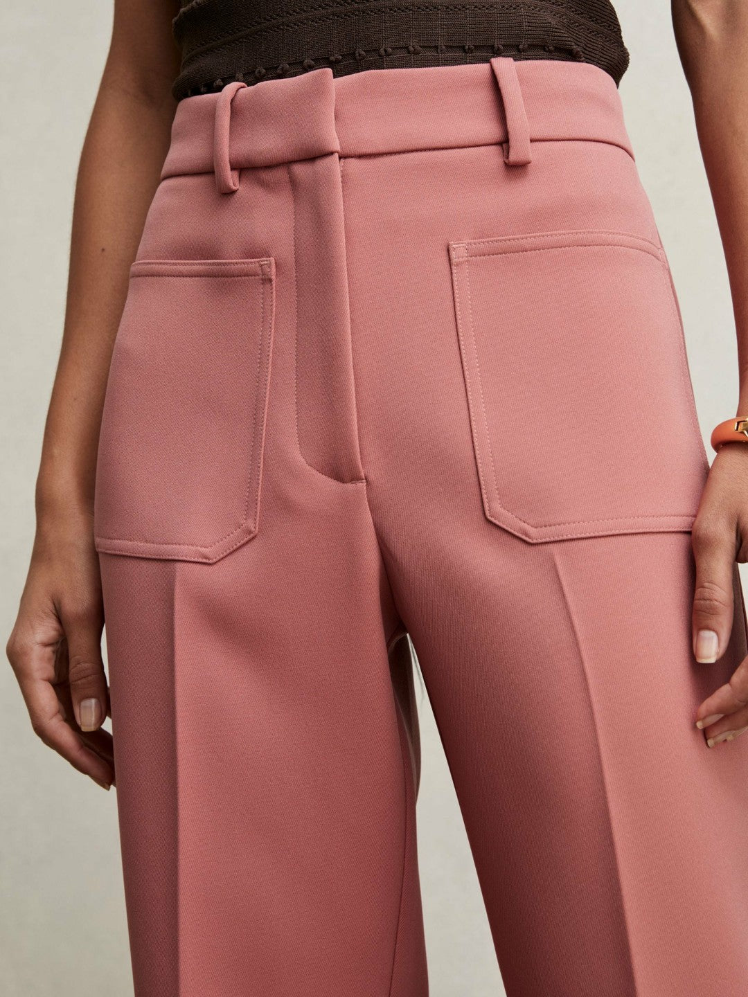 Reiss | Petite Twill Patch-Pocket Flared Trousers in Pink