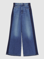 Reiss | Paige Side Stripe Wide Leg Jeans in Navy/Blue Stripe