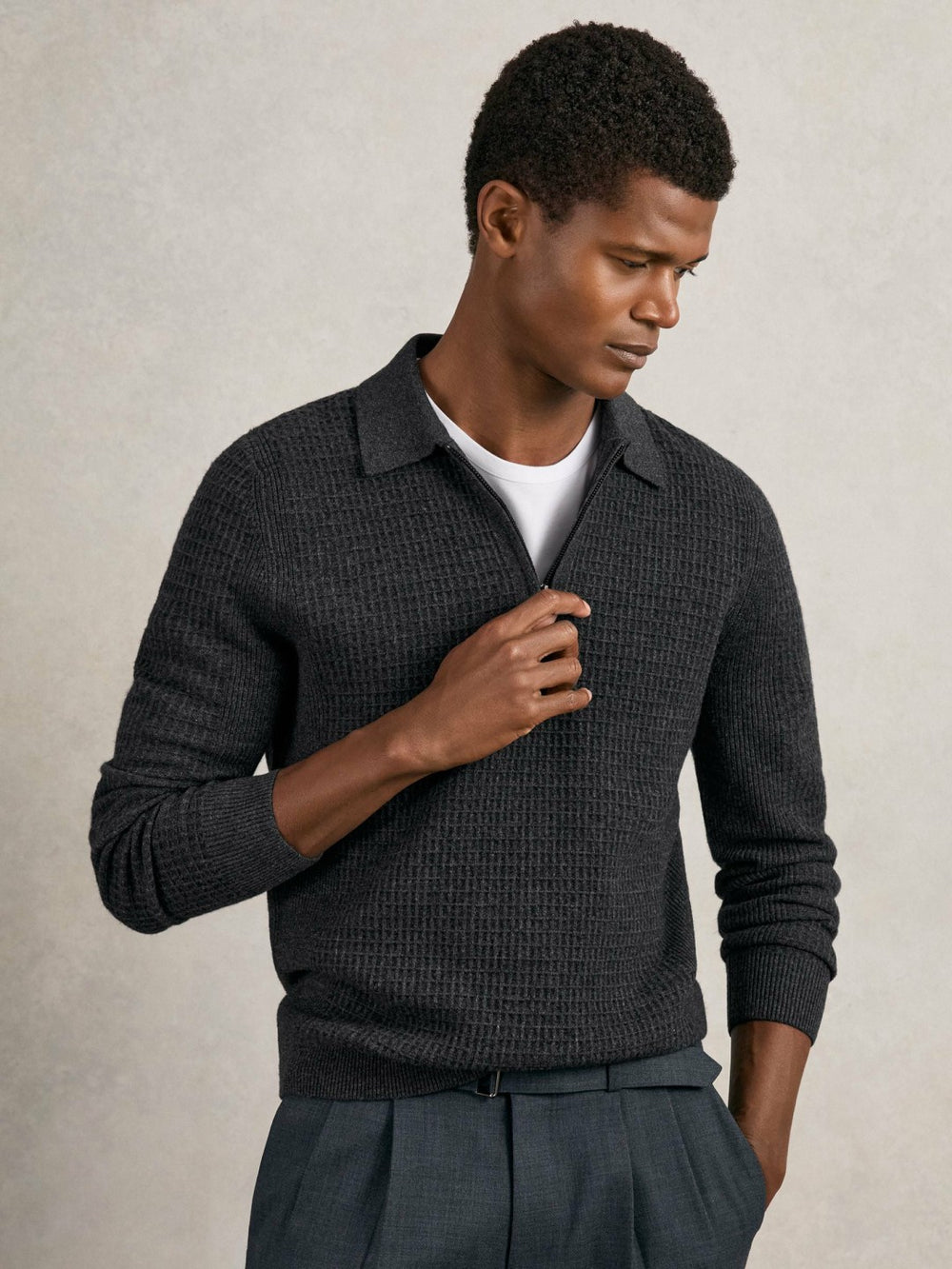 Reiss | Wool Waffle-Knit Half-Zip Polo Shirt in Charcoal Grey