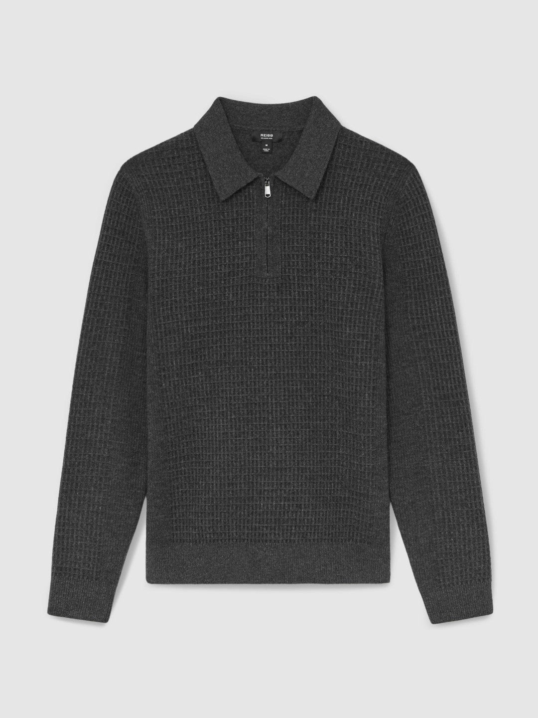 Reiss | Wool Waffle-Knit Half-Zip Polo Shirt in Charcoal Grey