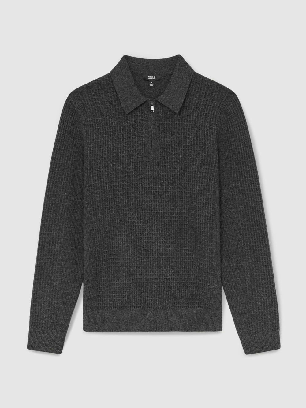 Reiss | Wool Waffle-Knit Half-Zip Polo Shirt in Charcoal Grey