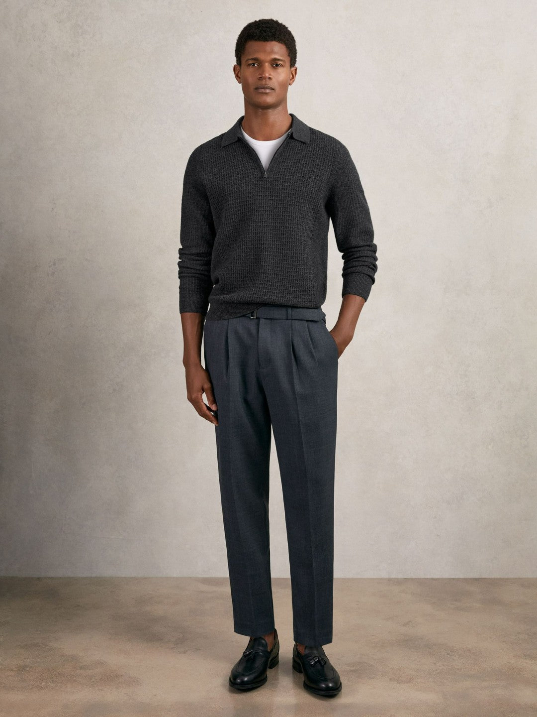 Reiss | Wool Waffle-Knit Half-Zip Polo Shirt in Charcoal Grey
