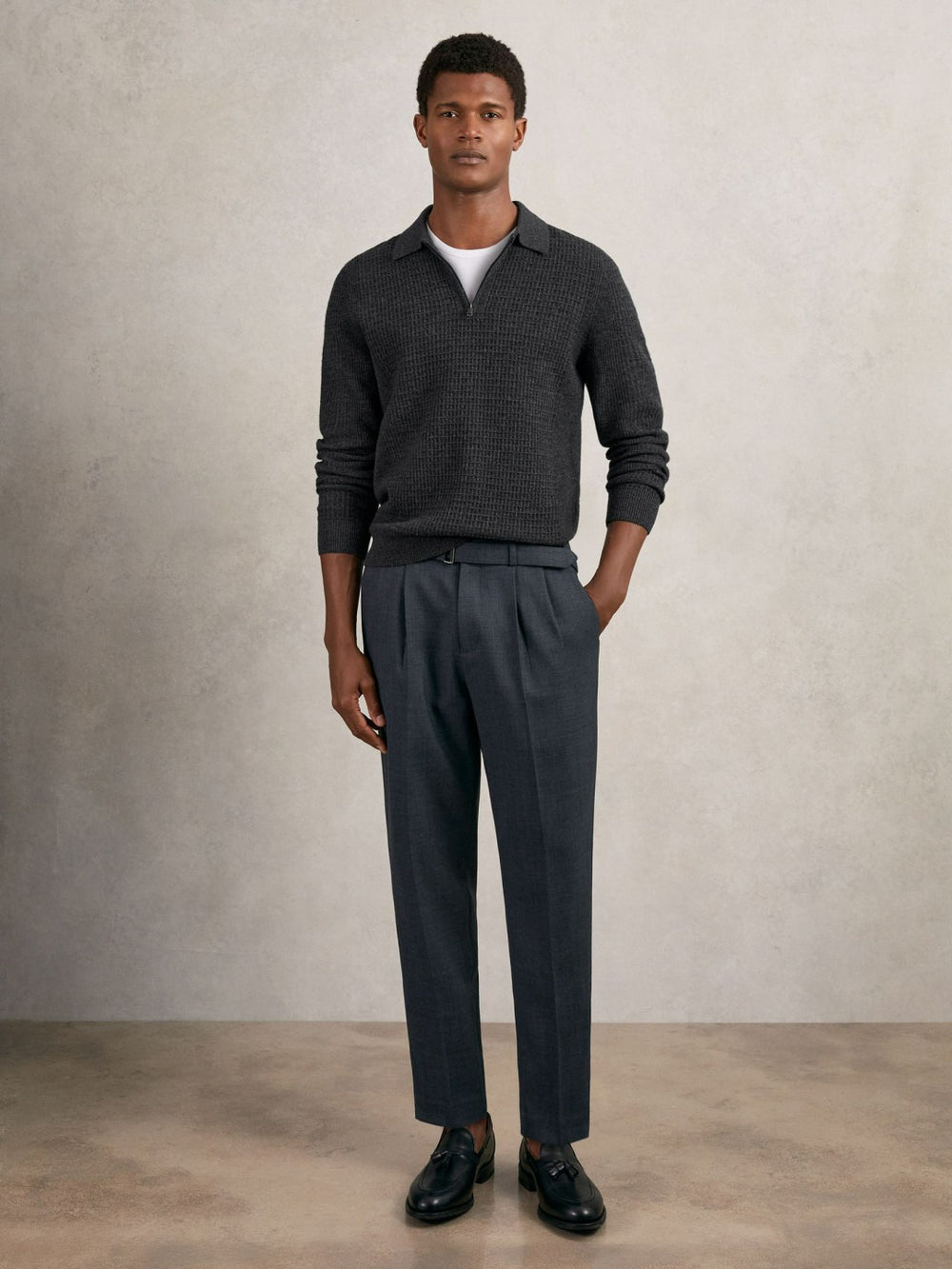 Reiss | Wool Waffle-Knit Half-Zip Polo Shirt in Charcoal Grey