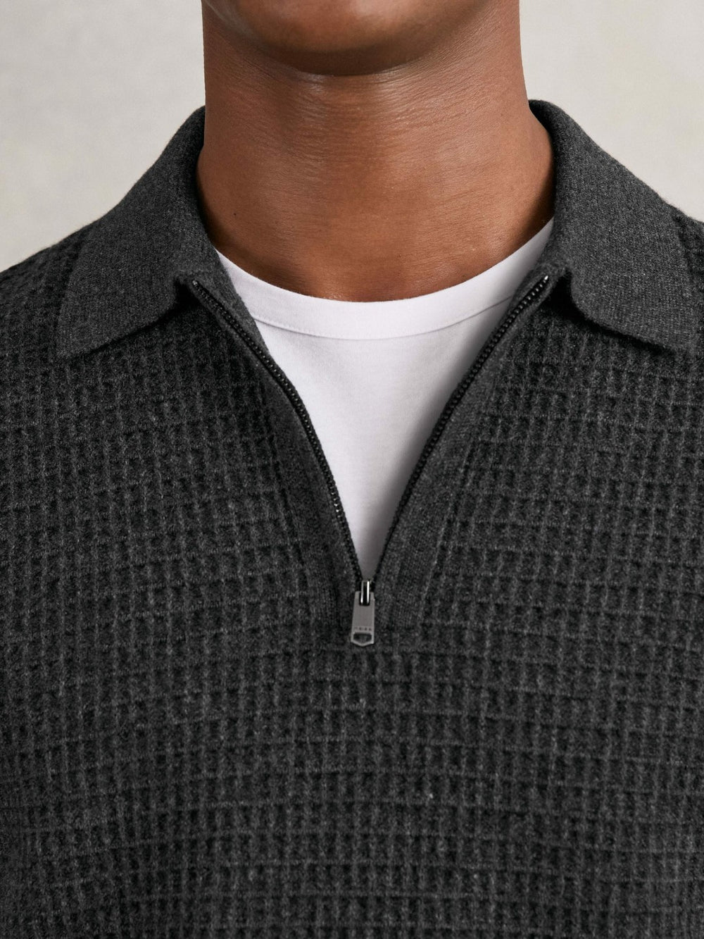 Reiss | Wool Waffle-Knit Half-Zip Polo Shirt in Charcoal Grey