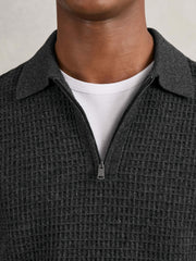 Reiss | Wool Waffle-Knit Half-Zip Polo Shirt in Charcoal Grey