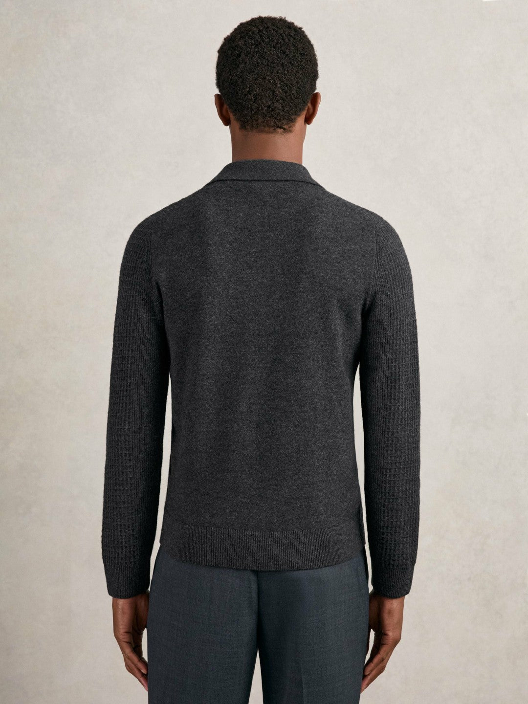 Reiss | Wool Waffle-Knit Half-Zip Polo Shirt in Charcoal Grey