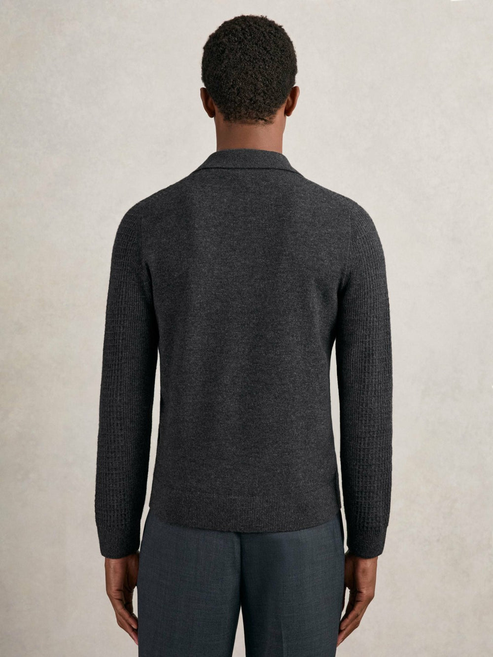 Reiss | Wool Waffle-Knit Half-Zip Polo Shirt in Charcoal Grey
