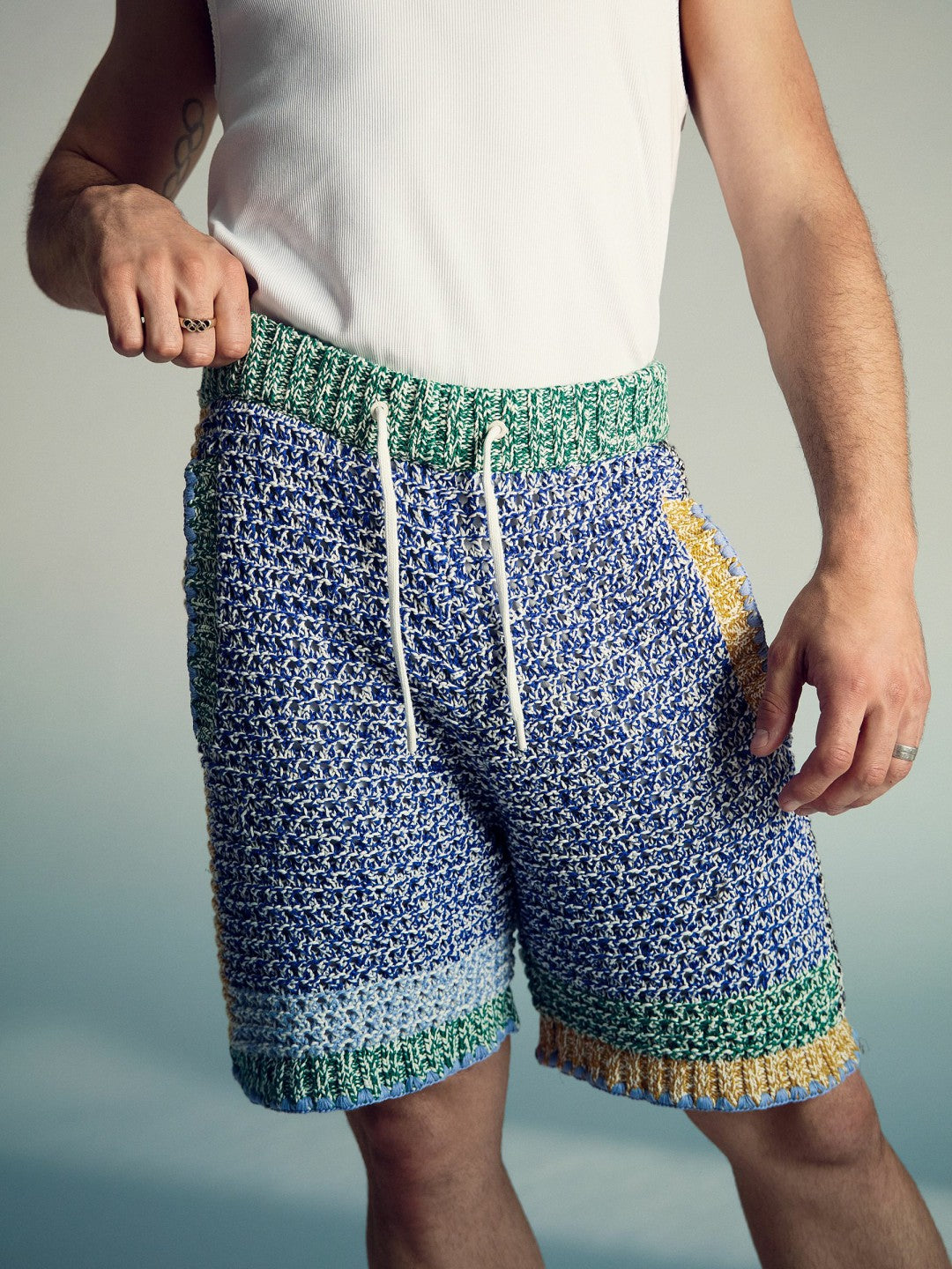 Reiss | | Tom Daley Crochet Panel Shorts in Yellow/Green/Blue Multi