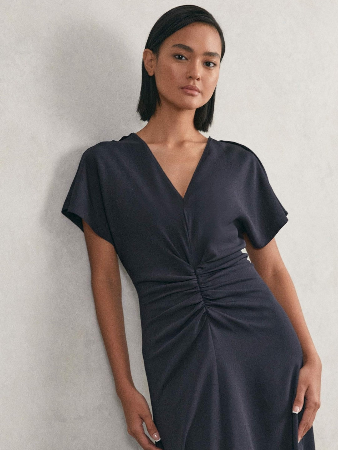 Reiss | Petite Ruched-Front Midi Dress in Navy