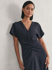 Reiss | Petite Ruched-Front Midi Dress in Navy