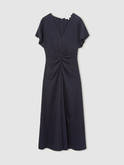 Reiss | Petite Ruched-Front Midi Dress in Navy