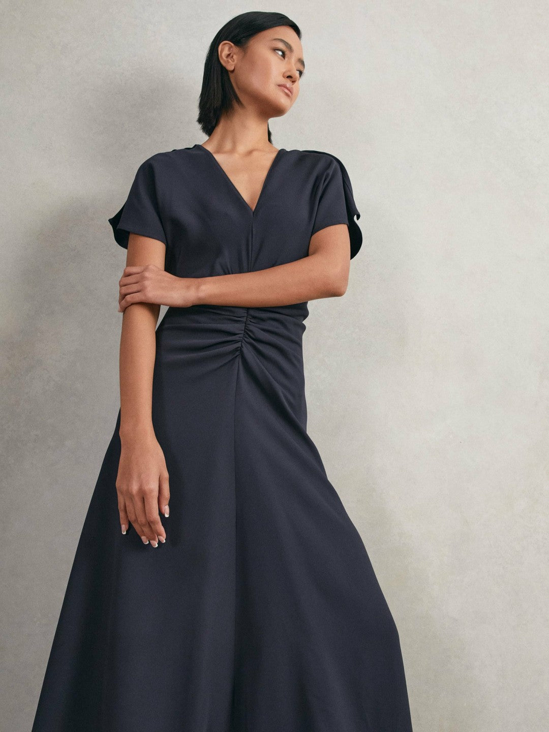 Reiss | Petite Ruched-Front Midi Dress in Navy