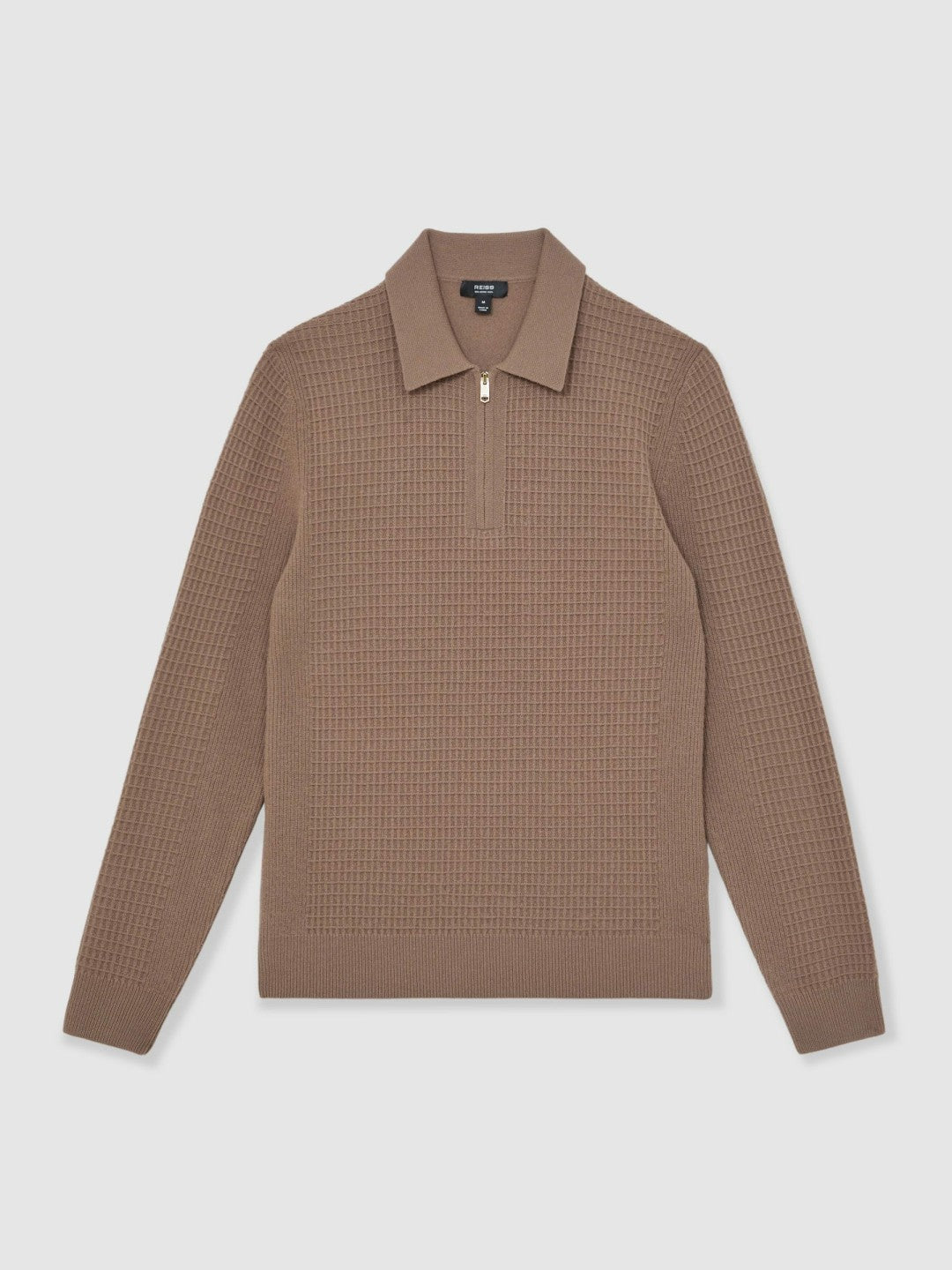 Reiss | Wool Waffle-Knit Half-Zip Polo Shirt in Camel Brown