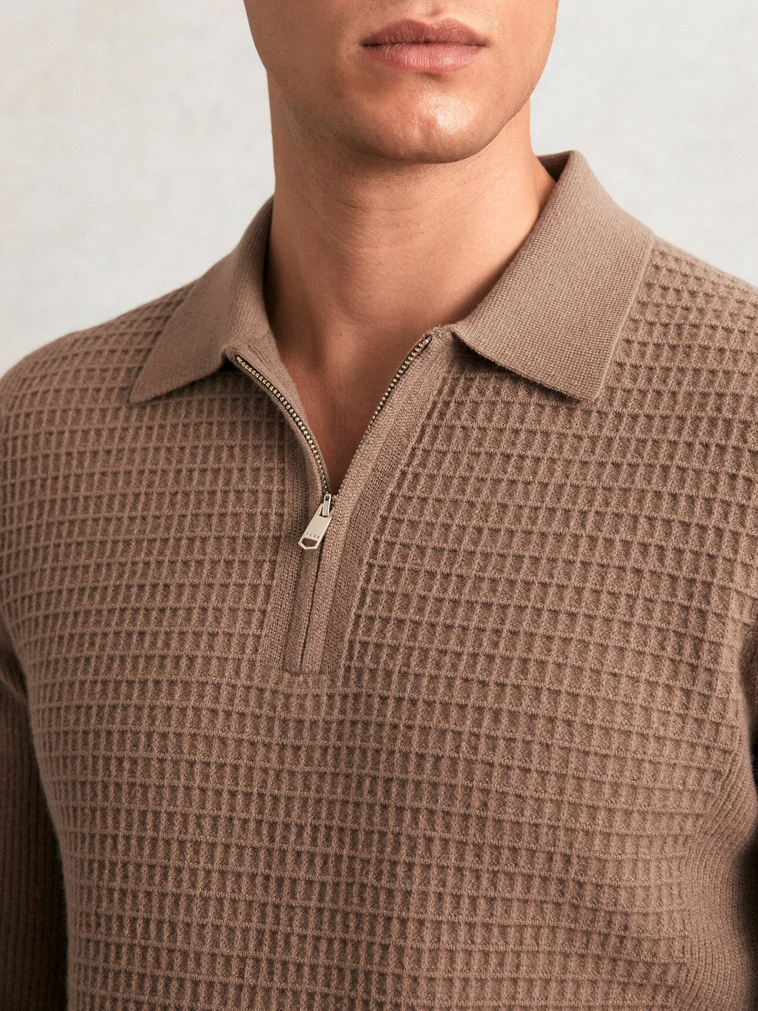 Reiss | Wool Waffle-Knit Half-Zip Polo Shirt in Camel Brown