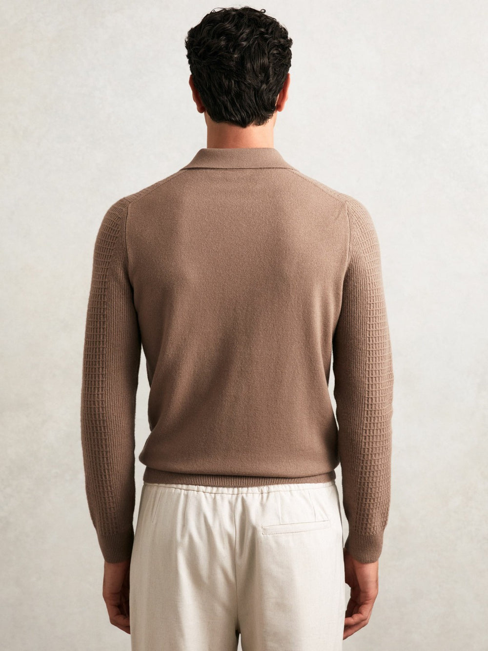 Reiss | Wool Waffle-Knit Half-Zip Polo Shirt in Camel Brown