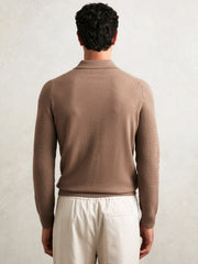 Reiss | Wool Waffle-Knit Half-Zip Polo Shirt in Camel Brown