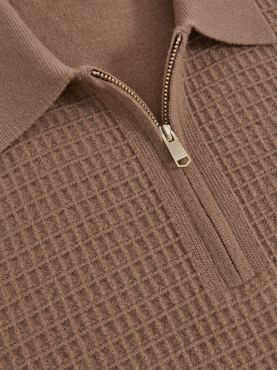 Reiss | Wool Waffle-Knit Half-Zip Polo Shirt in Camel Brown